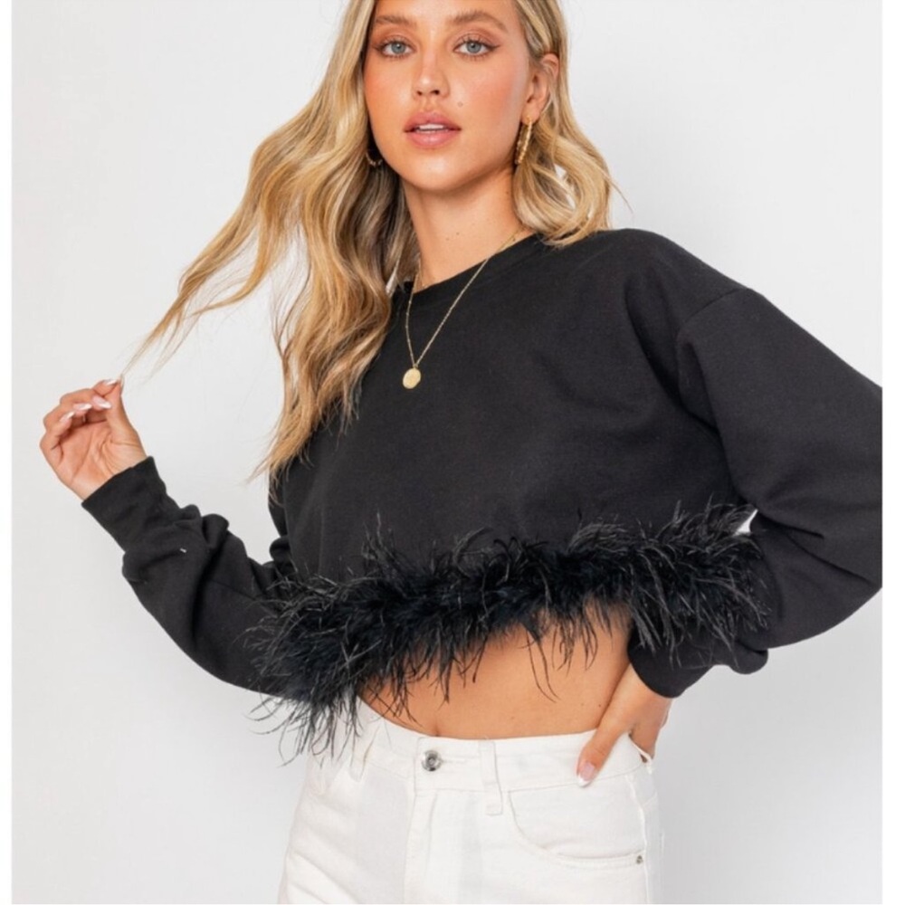 Altar'd State Black Cozy Sweatshirt Sweater with Feathers